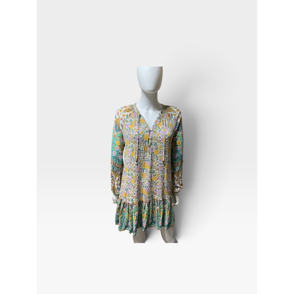 AnthEm Womens Size 10 Floral Boho Mini Dress Tunic Ruffle Hem Tassel Tie